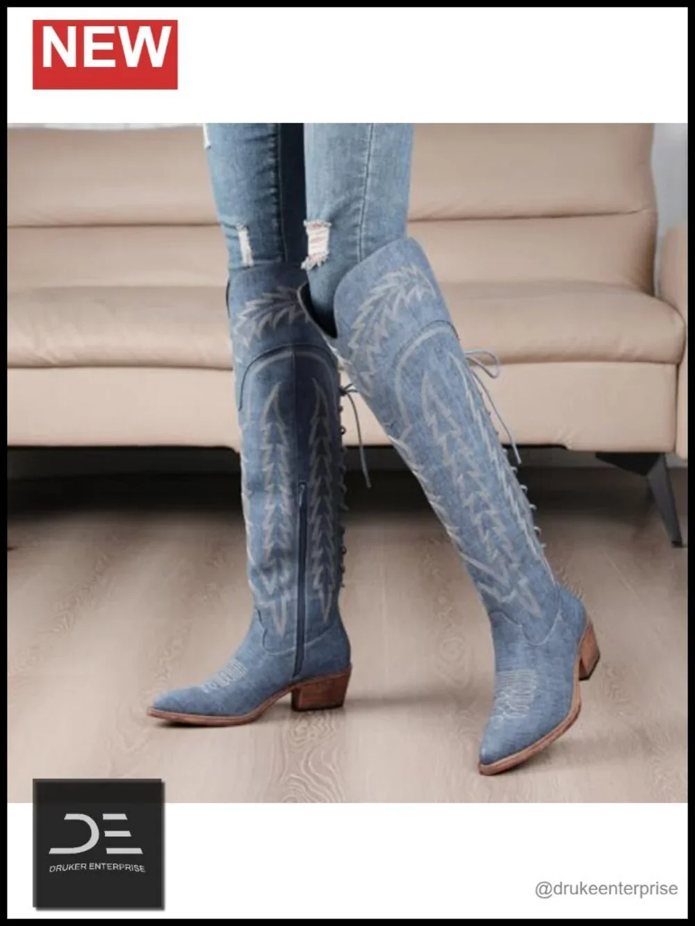 Women's Over Knee Thigh High Cowgirl Boots Low Heel Pointed Toe Faux Leather